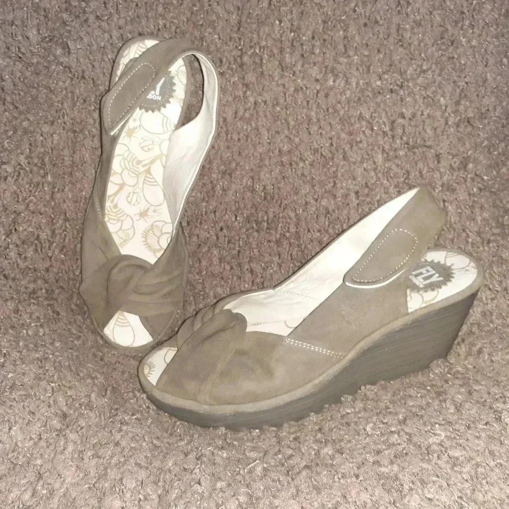FLY LONDON-Yakin-Taupe Nubuck Leather Slingback Wedges-SZ 41-9.5-Near Mint